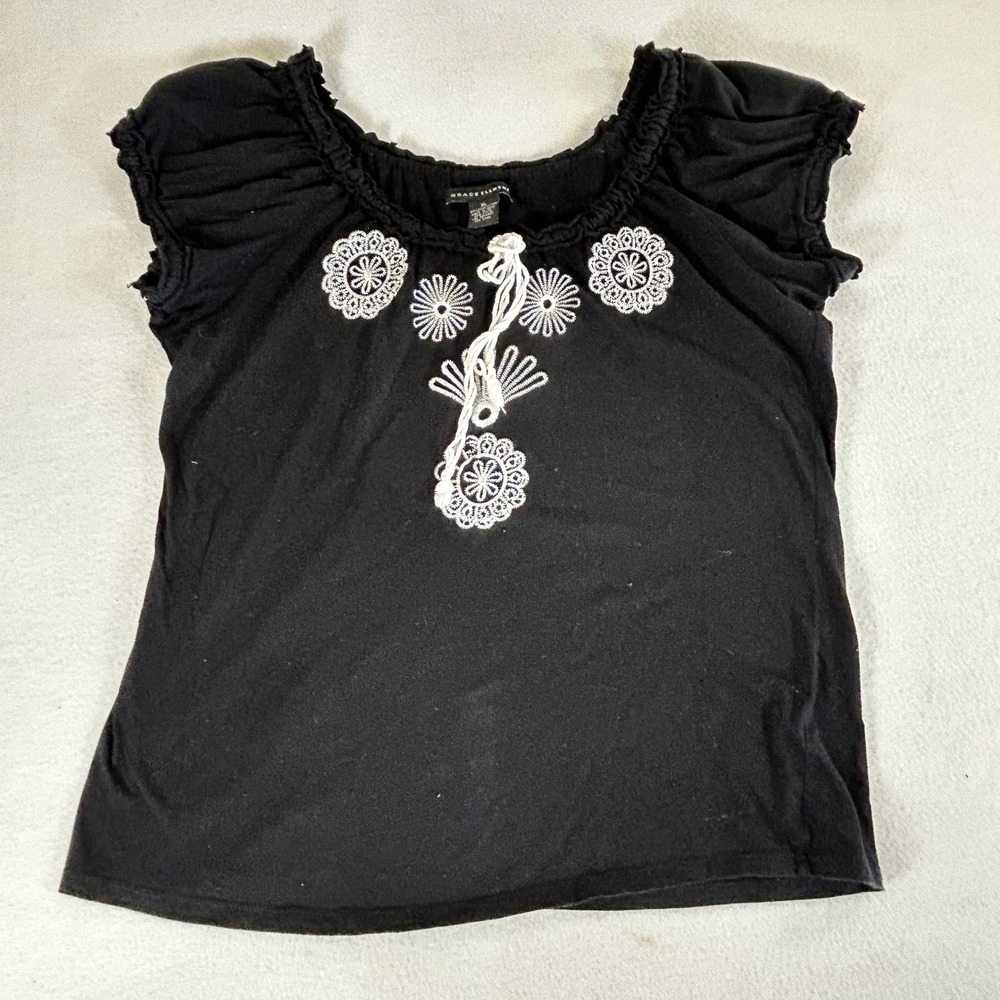 Grace Elements Womens XL Black Pima Cotton Boho Embroidered Tassel Top 01860